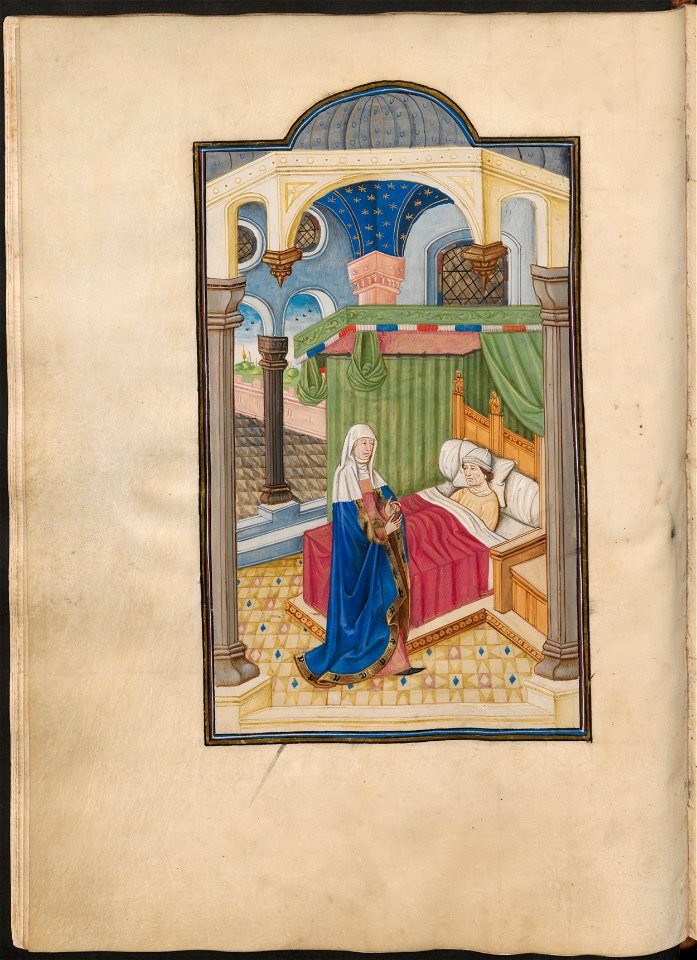 De consolatione philosophiae-UBU Hs. 1335-f.086bis v-Philosophia in discussie met Boethius op zijn ziektebed