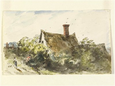 Constable - A thatched cottage and two figures, 189-1888. Free illustration for personal and commercial use.