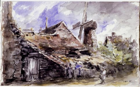 Constable - A village street with a shed, cottages and windmill, 230-1888. Free illustration for personal and commercial use.