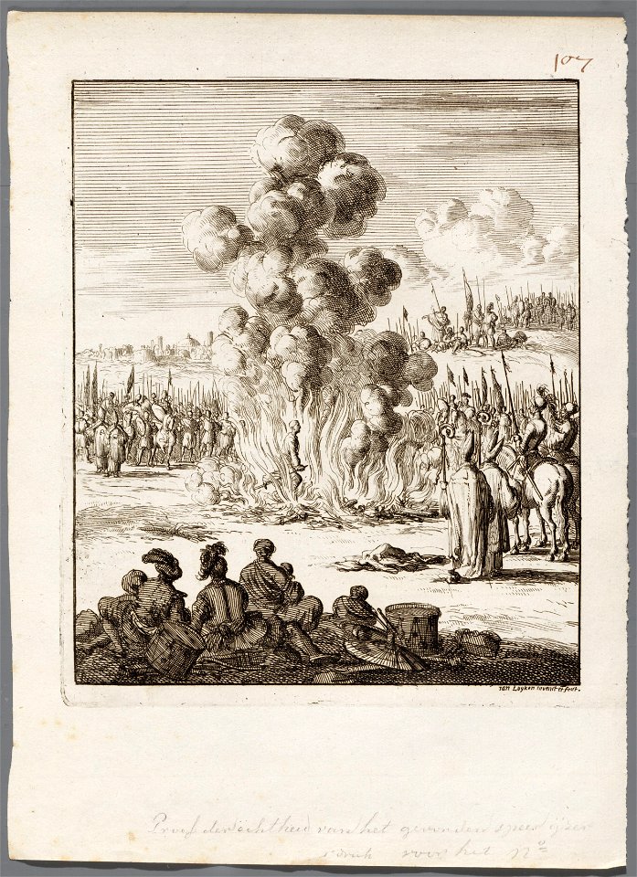 De echtheid van de lans van Longinus wordt door een priester in het vuur beproefd terwijl het leger toekijkt, objectnr A 41601