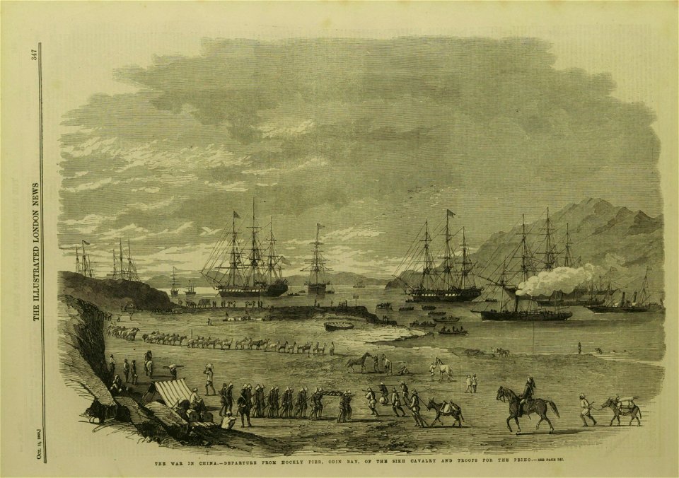 Departure from Hockley Pier, Odin Bay, of the Sikh Cavalry and troops for the Peiho - ILN 1860