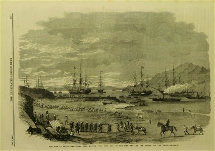 Departure from Hockley Pier, Odin Bay, of the Sikh Cavalry and troops for the Peiho - ILN 1860