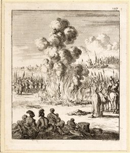 De echtheid van de lans van Longinus wordt door een priester in het vuur beproefd terwijl het leger toekijkt, objectnr A 41636