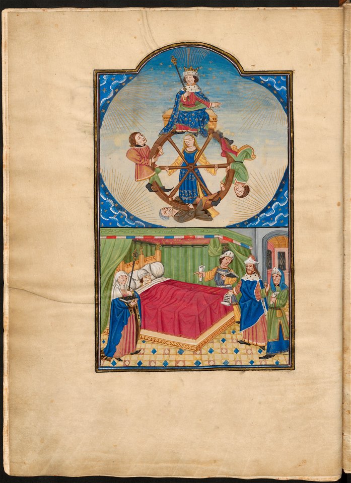De consolatione philosophiae-UBU Hs. 1335-f.014bis v-Rad van Fortuin; Boethius op zijn ziektebed