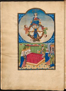 De consolatione philosophiae-UBU Hs. 1335-f.014bis v-Rad van Fortuin; Boethius op zijn ziektebed