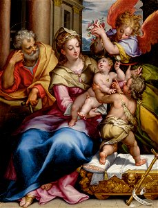 Denys Calvaert - The Holy Family with Saint John the Baptist and an angel. Free illustration for personal and commercial use.