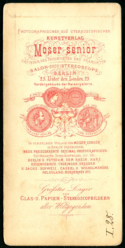 Der Harz 0843 Steinerne Rinne C. Moser senior Laurentius Herzog Adressseite Erfinder Patent Salon-(Dreh-)Stereoskop Berlin Unter den Linden Kaisergalerie Medaille Hamburg 1868 Weltausstellung 1873 Wien