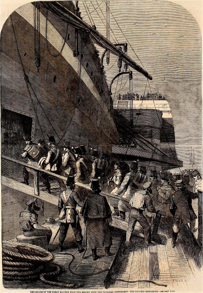Departure of the Great Eastern from the Mersey with the Canadian Contingent, the Soldiers embarking - ILN 1858