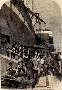 Departure of the Great Eastern from the Mersey with the Canadian Contingent, the Soldiers embarking - ILN 1858