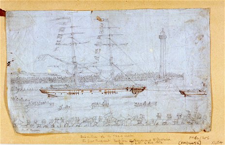 Departure of the Lizzie Webber the first Emigrant ship from Sunderland to Australia, see ILN 14 Aug 1852 RMG PU6452