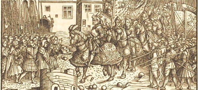 Der Weisskunig 26 Detail Maximilian on horseback in besieged town