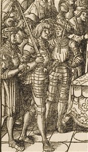 Der Weisskunig 69 Detail Maximilian (or probably his son, Philip) holding ceremonial sword