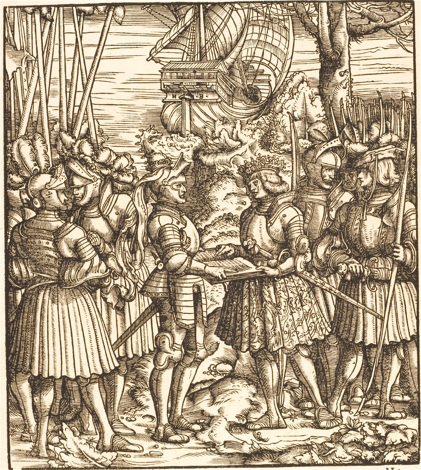 Der Weisskunig 80 Detail Maximilian discussing possibly with Englishman