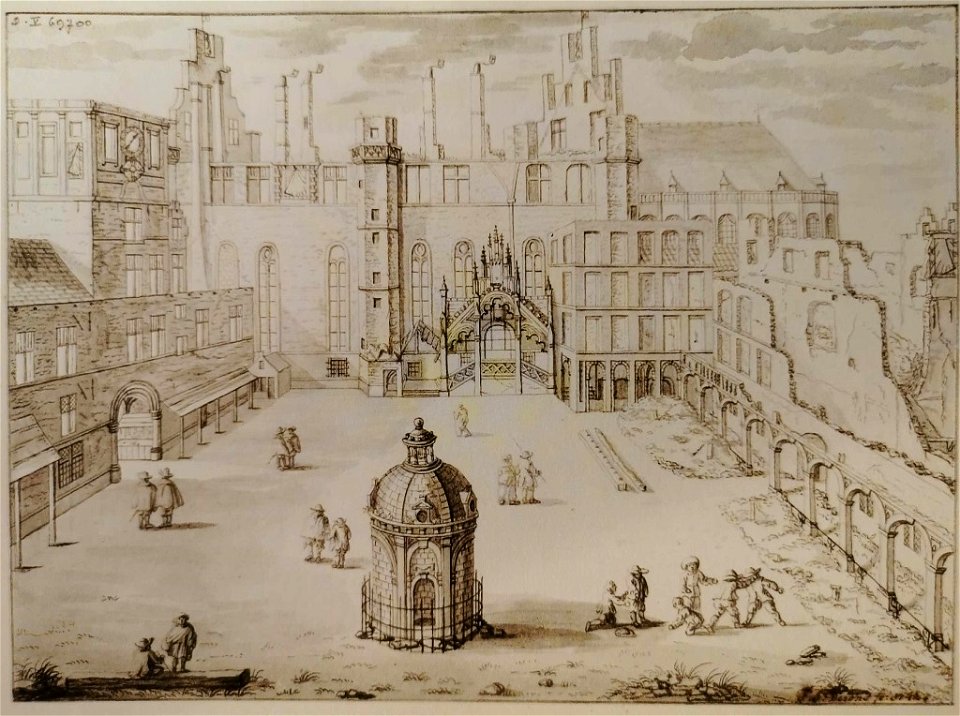 Derons, Het binnenplein van het Hof te Brussel afgebrand den 4 Febr. 1731, 15,5 x 21,5 cm (KBR)