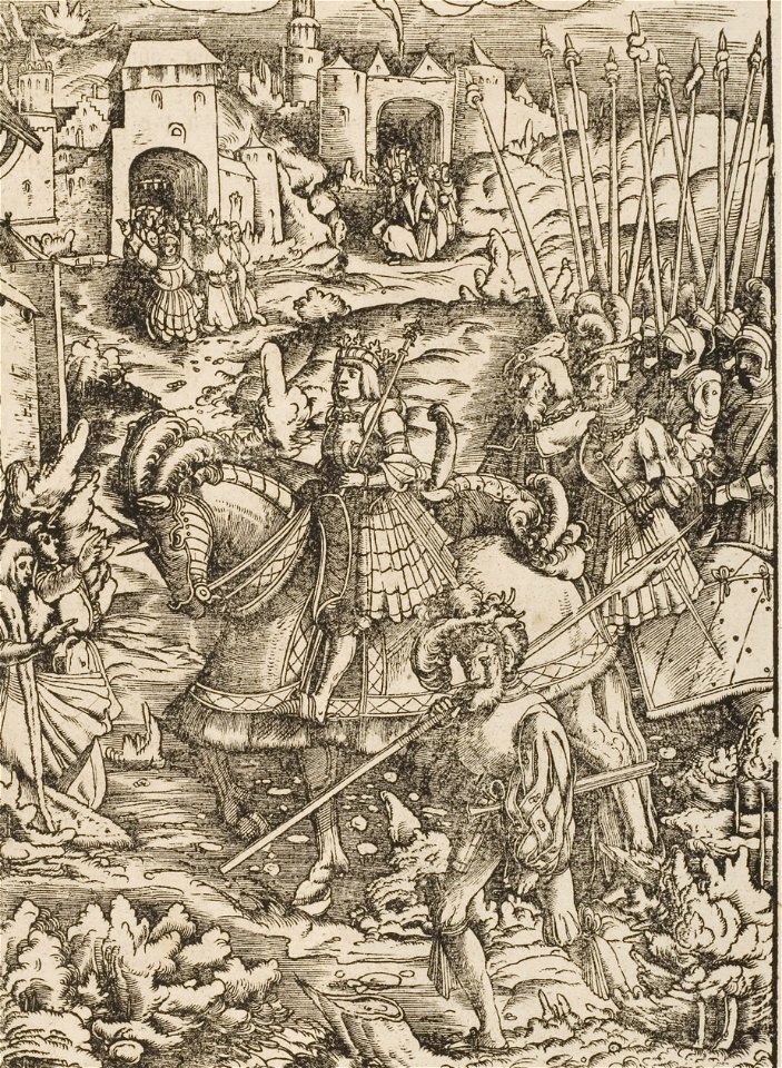 Der Weisskunig 100 Detail Maximilian (or possibly his son, Philip) riding into a city at the head of knights, holding a scepter, Landsknecht beside