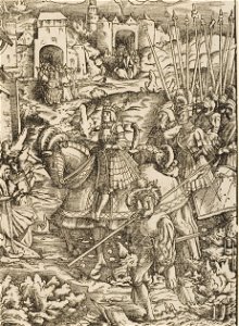 Der Weisskunig 100 Detail Maximilian (or possibly his son, Philip) riding into a city at the head of knights, holding a scepter, Landsknecht beside