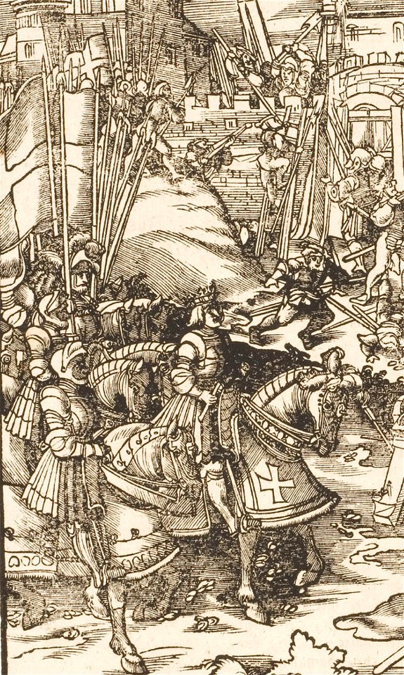 Der Weisskunig 83 Detail Maximilian (or probably his son, Philip) riding at the head of knights at a siege