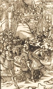 Der Weisskunig 83 Detail Maximilian (or probably his son, Philip) riding at the head of knights at a siege
