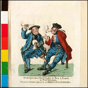 Descriptions of Battles by Sea and Land, in Two Volumes, From the Kings Library's at Greenwich and Chelsea (Pensioners) (caricature) RMG PX8545