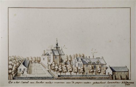 Derons, Dit is het Casteel van Jonker vander Moorren aen de papen vesten geteeckent lansachter, 1747, 16 x 27,5 cm (KBR)