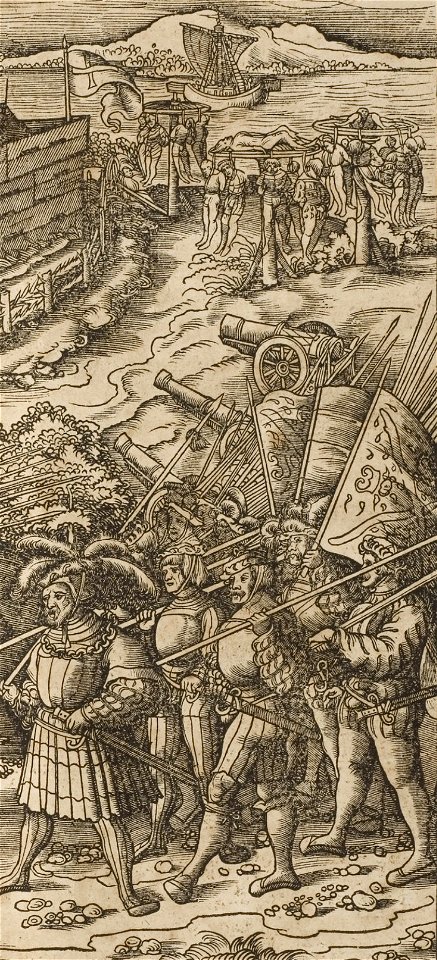 Der Weisskunig 33 Detail Landsknecht passing the bodies of hanged soldiers