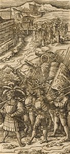Der Weisskunig 33 Detail Landsknecht passing the bodies of hanged soldiers