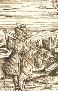 Der Weisskunig 67 Detail Maximilian holding spear directed towards Landsknecht