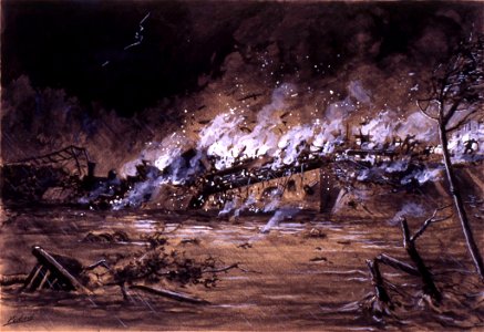 Descarrilamiento de un ferrocarril en un puente, 8.7.1904, RABASF, painting by Mariano Pedrero