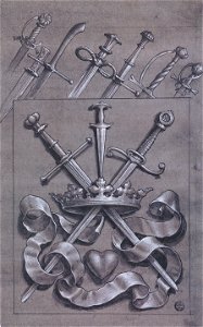 Design for a Swordsmith's Sign, by Hans Holbein the Younger. Free illustration for personal and commercial use.