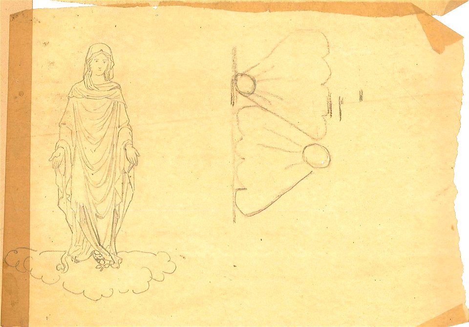 Design for a Virgin Mary of Assumption and a floral motif by Kunstwerkplaatsen Cuypers & Co. Cuypershuis 0682u