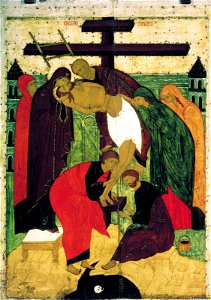 Descent from the Cross, Novgorod school (late 15th c., Tretyakov gallery). Free illustration for personal and commercial use.