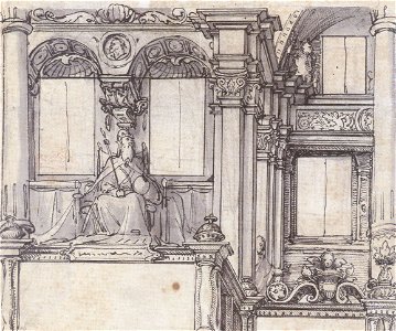 Design for a Façade Painting with Enthroned Emperor, by Hans Holbein the Younger. Free illustration for personal and commercial use.