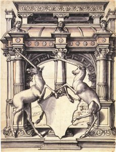 Design for a Stained Glass Window with Two Unicorns, by Hans Holbein the Younger. Free illustration for personal and commercial use.