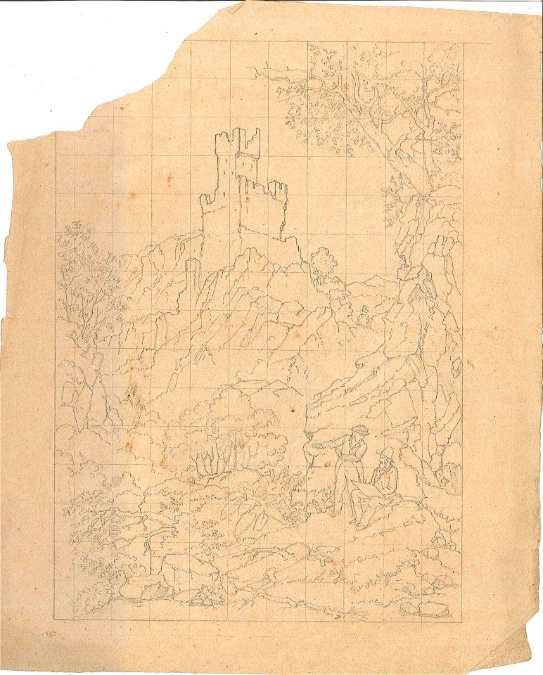 Design for an Image of a Man and a Draughtsman in a Landscape with a Ruin by Kunstwerkplaatsen Cuypers & Co. Cuypershuis 0682a