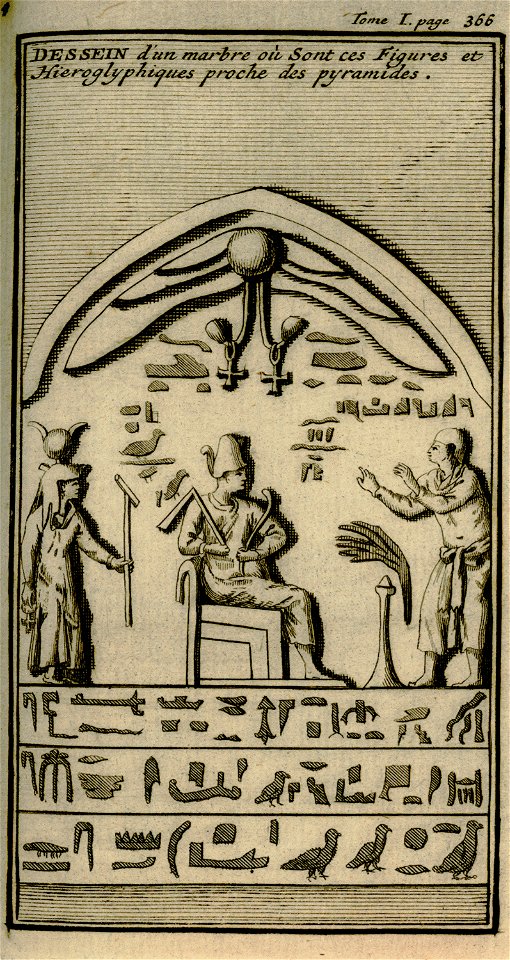 Dessein d'un marbre où sont ces Figures et Hieroglyphiques proche des pyramides - Lucas Paul - 1720