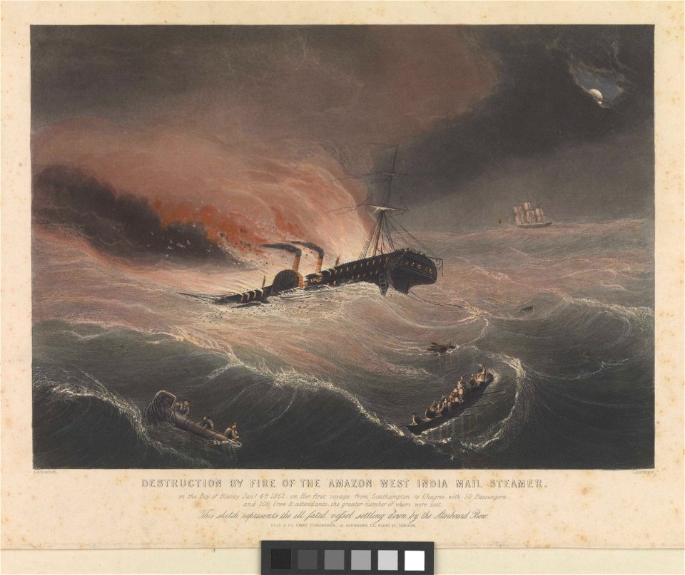 Destruction by fire of the Amazon West India Mail Steamer in the Bay of Biscay Jany 4th 1852 - This sketch represents the ill fated vessel settling down by the Starboard Bow RMG PY0270