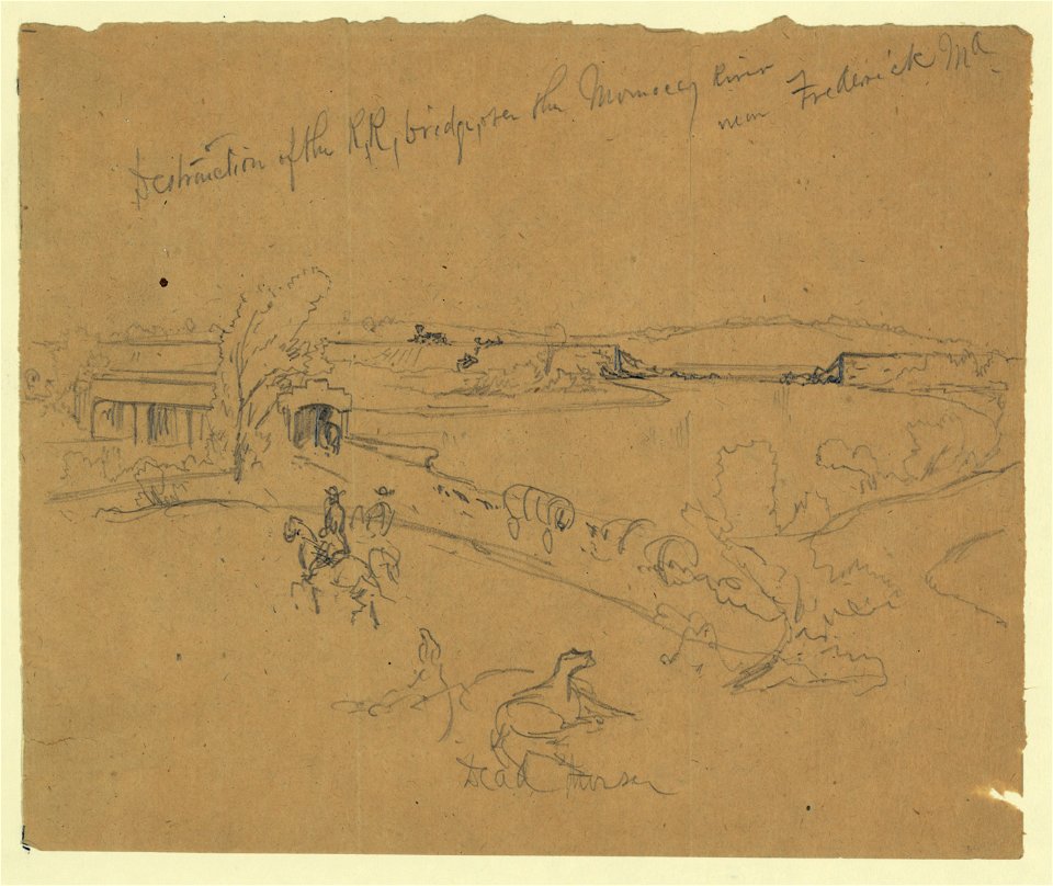 Destruction of the R.R. bridge, over the Monocacy River near Frederick, Md. LCCN2004660067