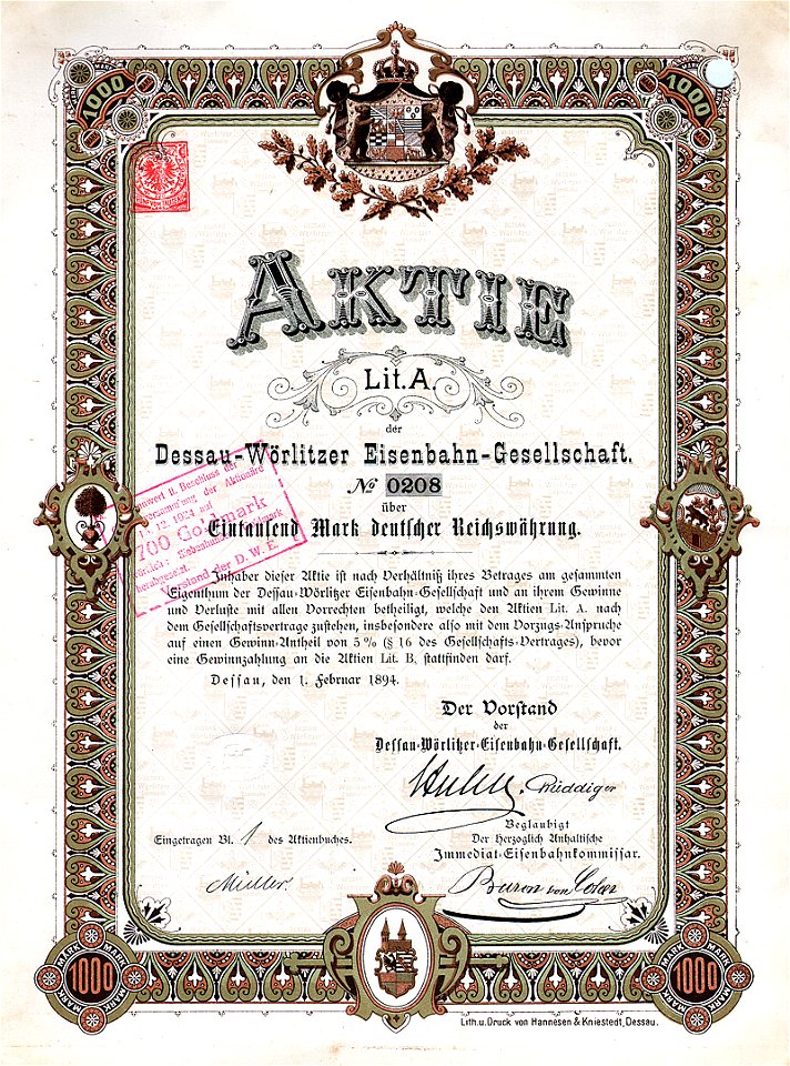 Dessau-Wörlitzer Eisenbahn 1000 Mk 1894