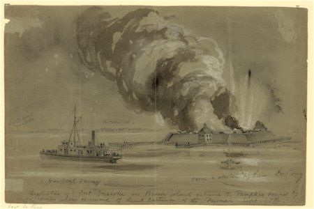 Destruction of Fort Ocracoke on Beacon Island entrance to Pamplico (sic) Sound by an expedition under command of Lieut Eastman of the Pawnee, Sept. 17th LCCN2004661376