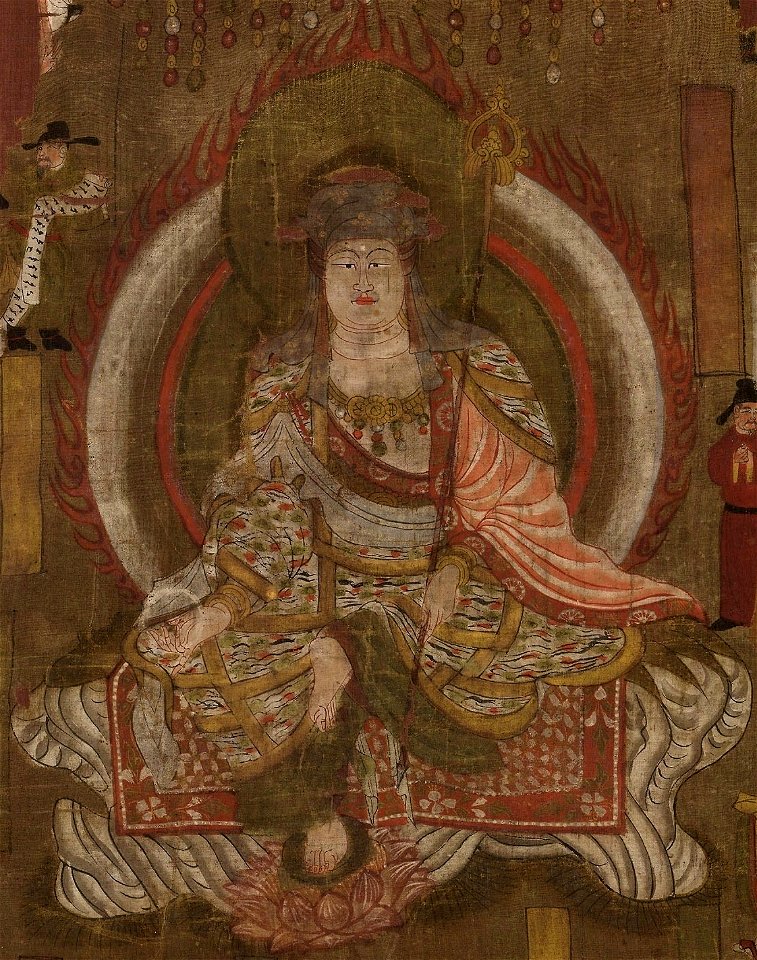 Detail, Kshitigarbha with the Ten Kings of Hell. From Dunhuang. Late 9th - early 10th century AD, British Museum (cropped)