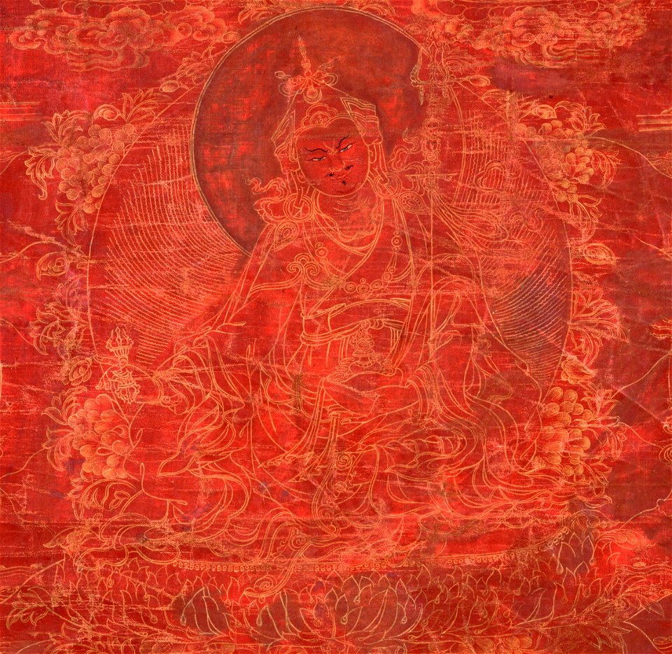 Detail, Padmasambhava, 18th-century painting from Tibet, red ground mineral pigment on cotton (cropped)