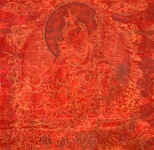 Detail, Padmasambhava, 18th-century painting from Tibet, red ground mineral pigment on cotton (cropped)