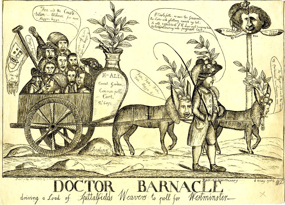 Doctor Barnacle driving a load of Spittalfields Weavers to poll for Westminster (BM 1868,0808.5291 1)