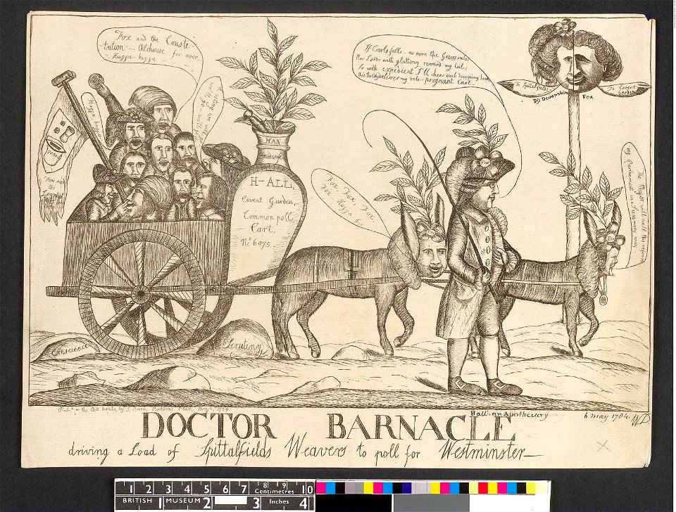 Doctor Barnacle driving a load of Spittalfields Weavers to poll for Westminster (BM 1868,0808.5291)