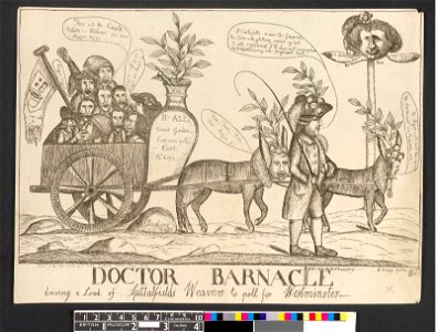 Doctor Barnacle driving a load of Spittalfields Weavers to poll for Westminster (BM 1868,0808.5291)