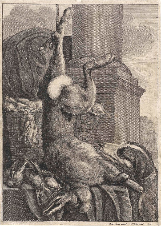 Dode haas en vogels met een jachthond