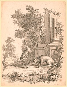 Dog and large bird next to Classical ruins LCCN2004670359