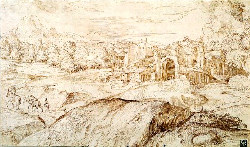 Domenico Campagnola - Mountainous Landscape with Antique Ruins - WGA3806