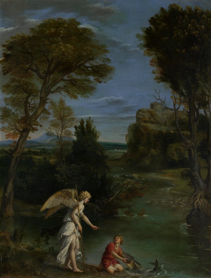 Domenichino - Paesaggio con Tobias e l'angelo. Free illustration for personal and commercial use.