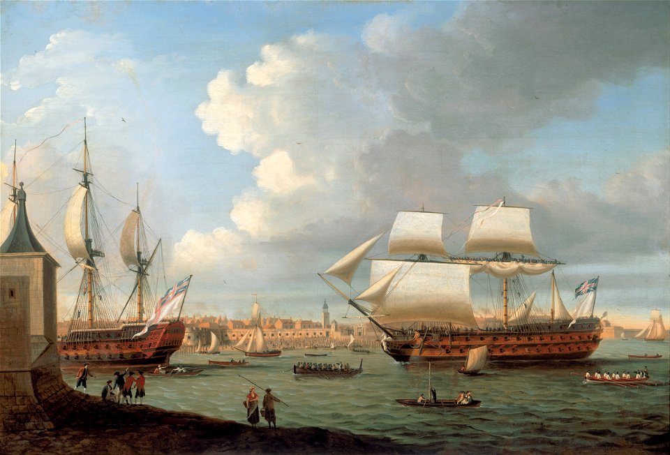 Dominic Serres - Foudroyant and Pégase entering Portsmouth Harbour, 1782 - Google Art Project